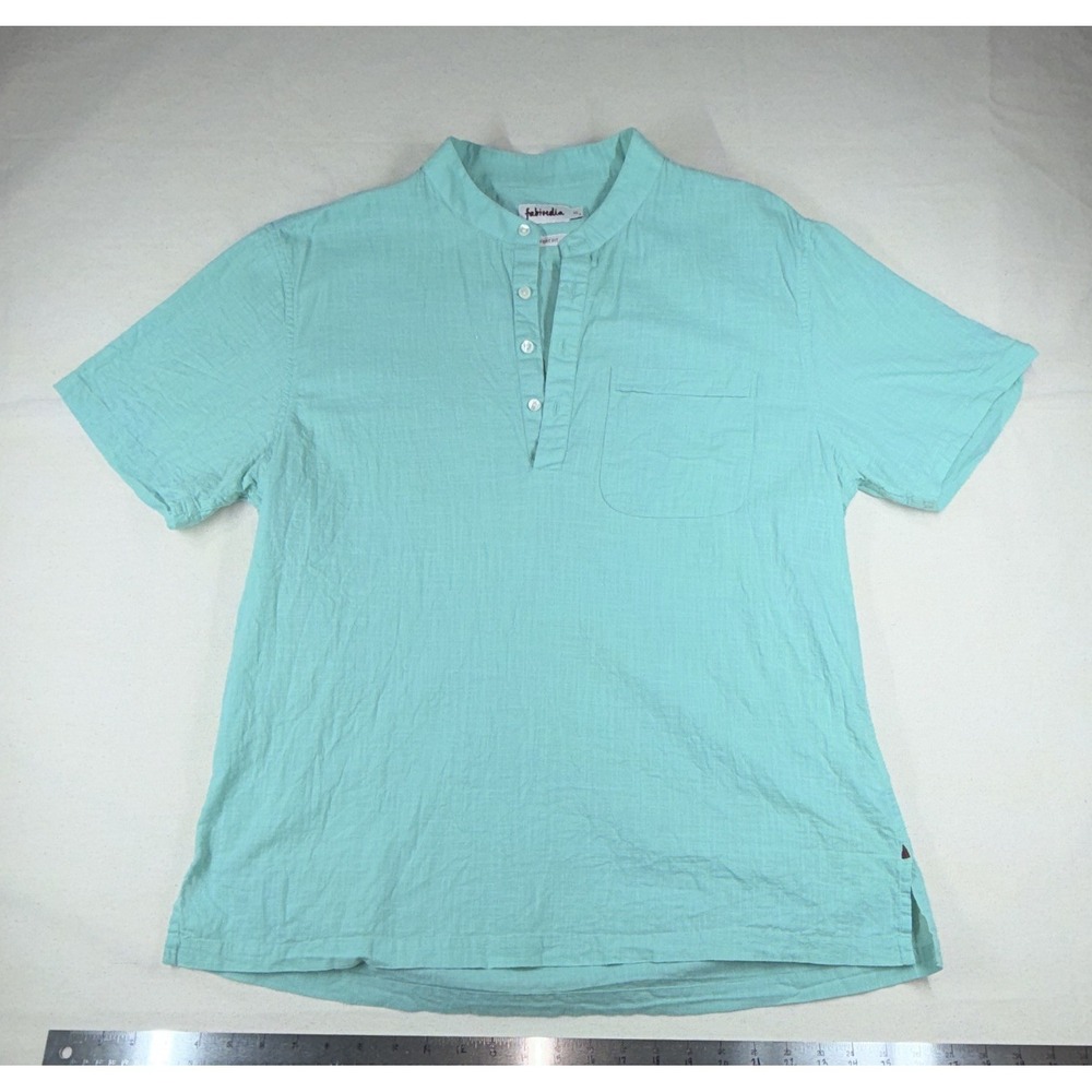 Fabindia‎ Men's XL Regular Green Comfort Fit SS Band Collar Shirt 100% Cotton